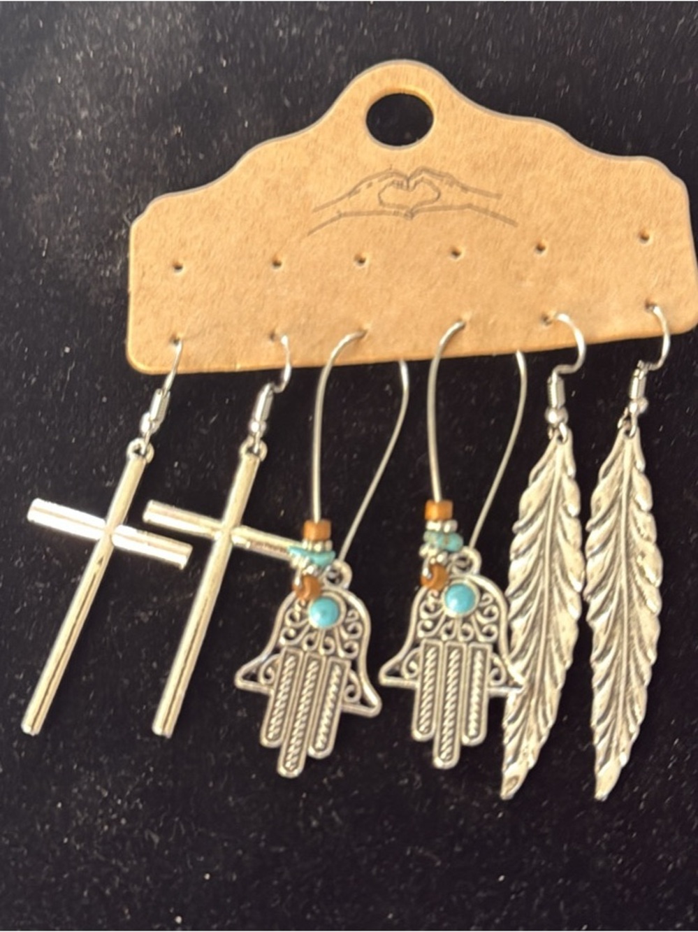 Silver Tone Cross, Hamsa and Feather Earring Set with Turquoise Accents